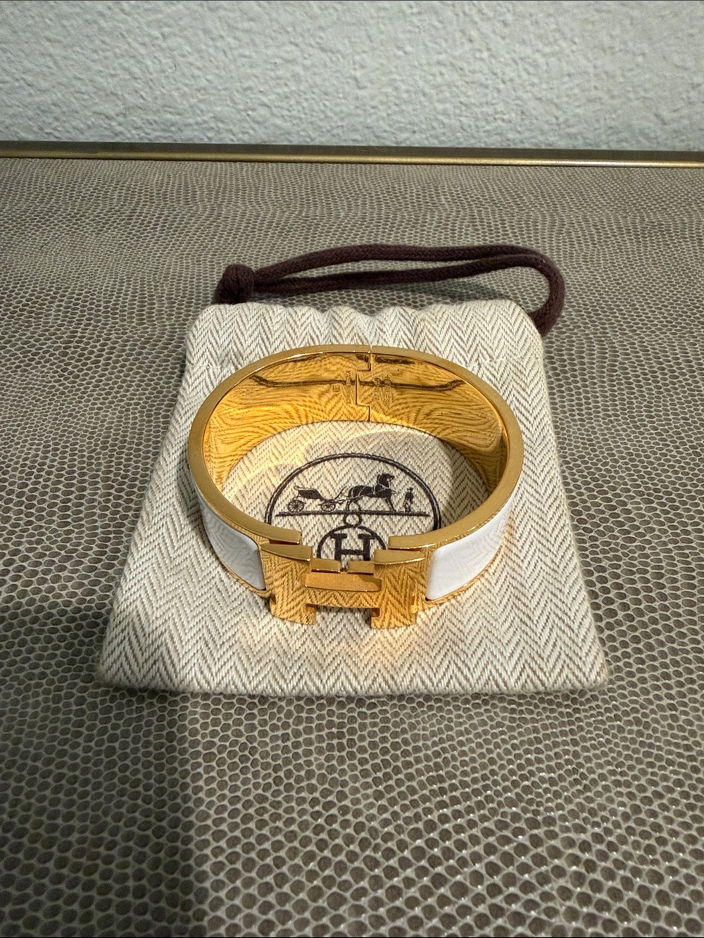 Hermes White Enamel and Gold H Cuff Bracelet - Men's Jewelry